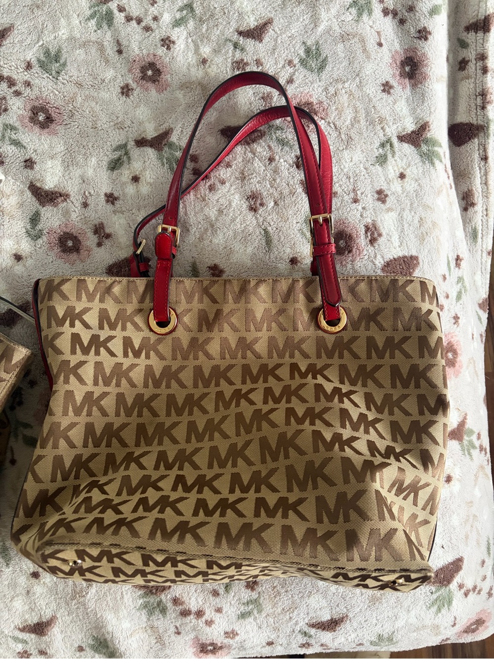 Michael Kors Brown MK Logo Tote with Red Leather Straps